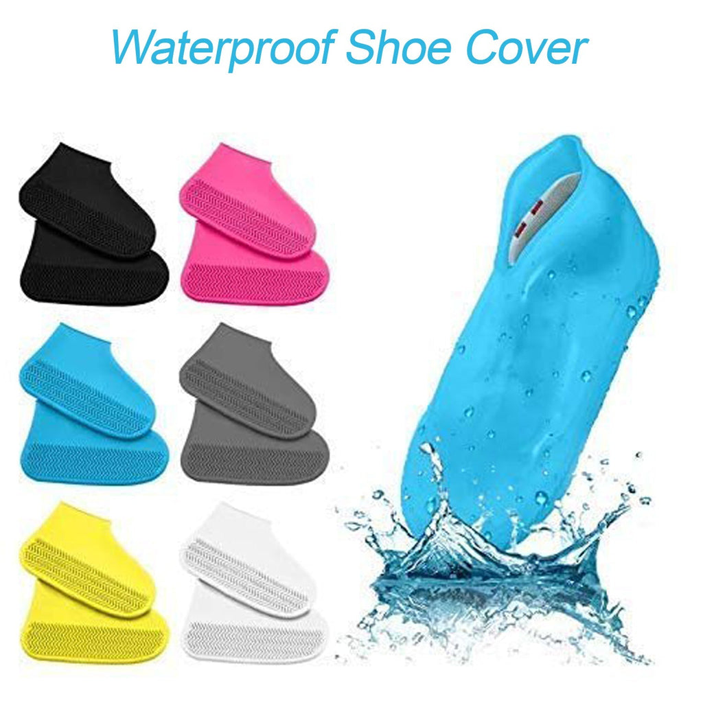 A blue silicone shoe cover splashing in water, surrounded by pairs of black, pink, blue, grey, yellow, and white covers.