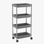 Stainless steel framed multi-tier rolling cart with practical plastic shelves.