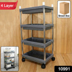 Side view of this multi-tier rolling storage cart in plastic and stainless steel.