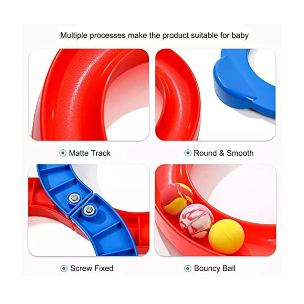 Assembled section of the marble run toy set showing ball trajectory.