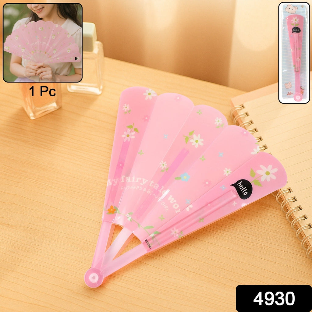 Womens hand fan opened wide showing elegant floral print