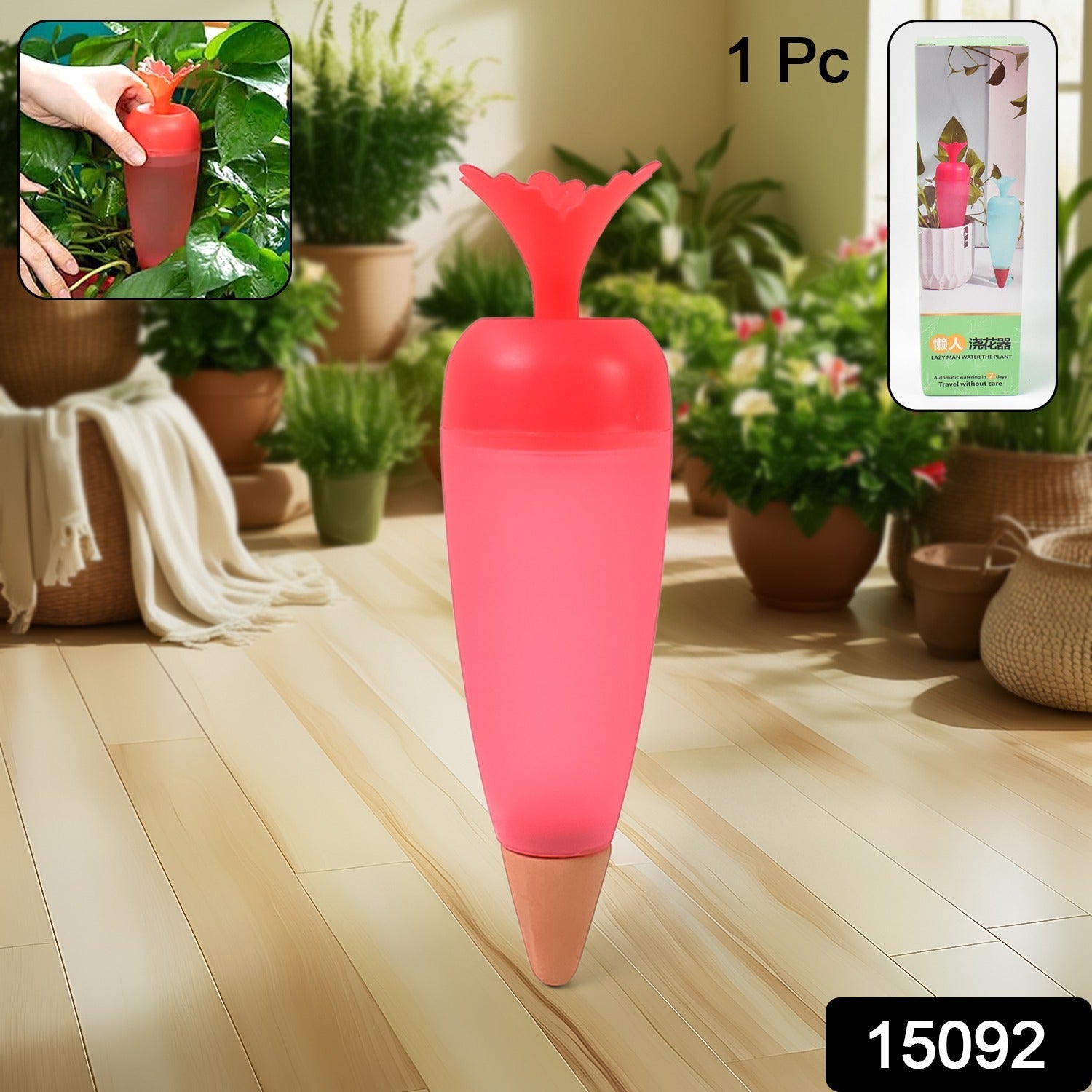 Overhead view of multiple self watering spikes efficiently irrigating potted indoor plants.