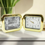 Hand holding compact foldable desk clock for easy portability