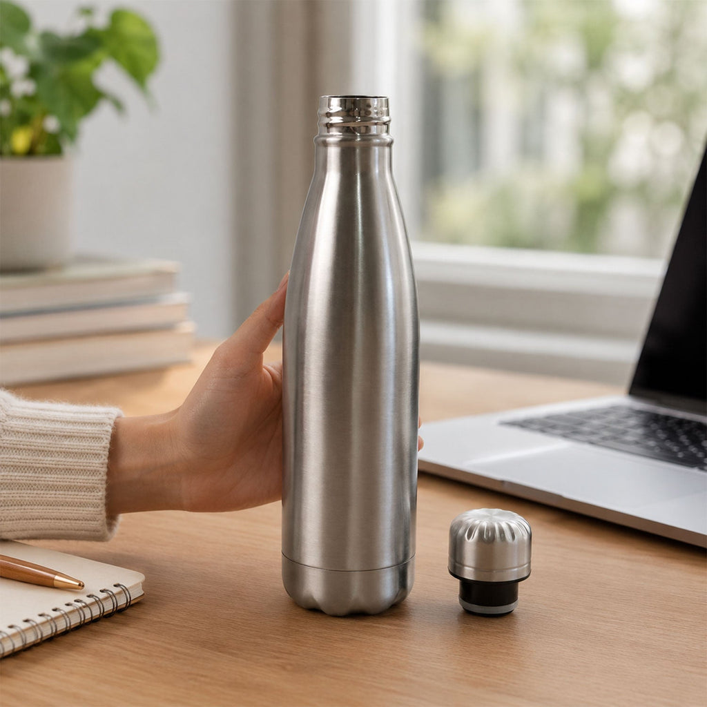 Durable stainless steel water bottle in silver, perfect for gym and school.