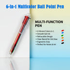 6-in-1 multicolor ball pen displaying all six vibrant ink colors clearly.