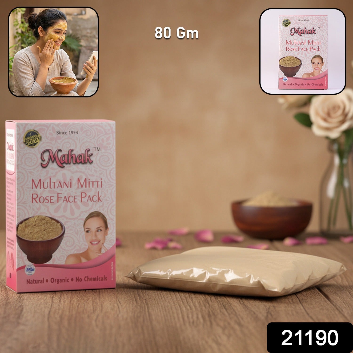Multani Mitti and Rose herbal face pack for deep cleansing and refreshment