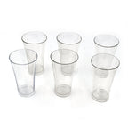 Transparent plastic drinking glasses filled with refreshing beverages.