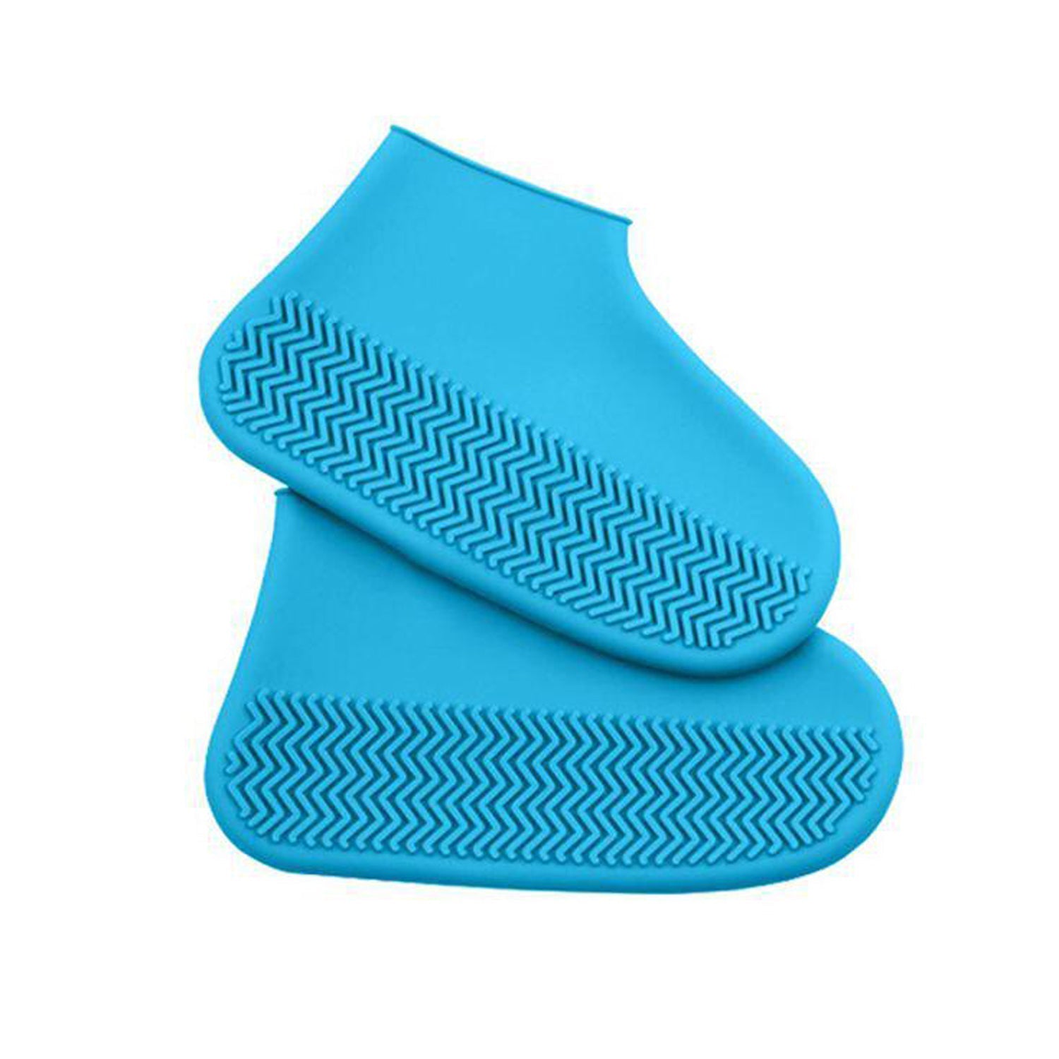Two blue silicone rain boot covers with textured, non-slip soles are stacked on top of each other.