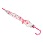 A neatly folded white umbrella with pink polka dots and a pink curved handle is secured with a pink strap.