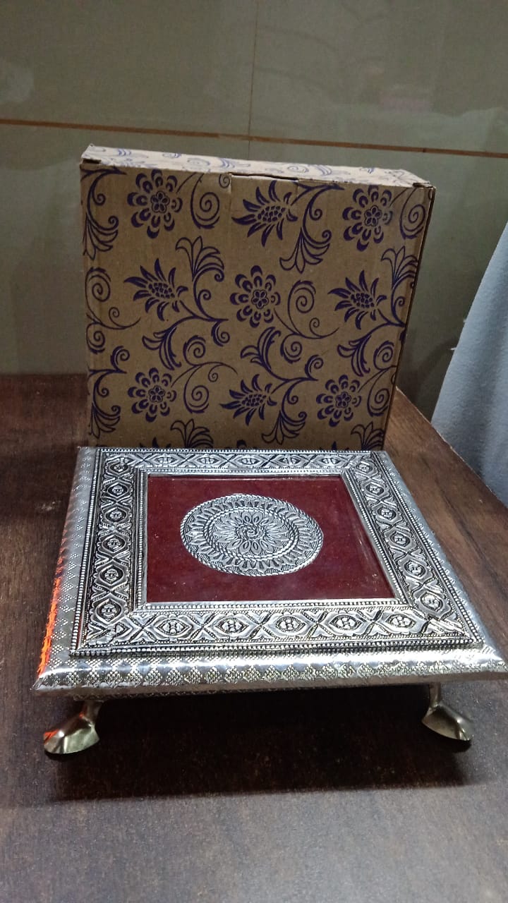 Silver square pooja bajot (21x21 cm) for festive and daily worship rituals.