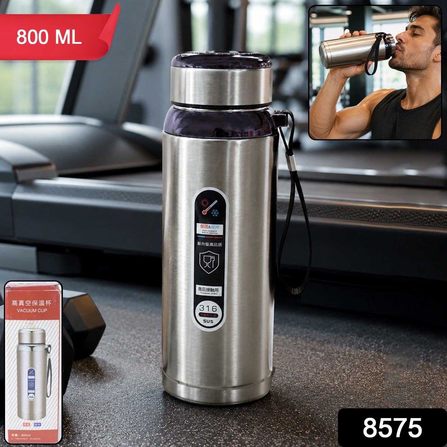 Gym Water Bottle 800ml Stainless Steel Insulated Leakproof Vacuum Flask (1 Pc)
