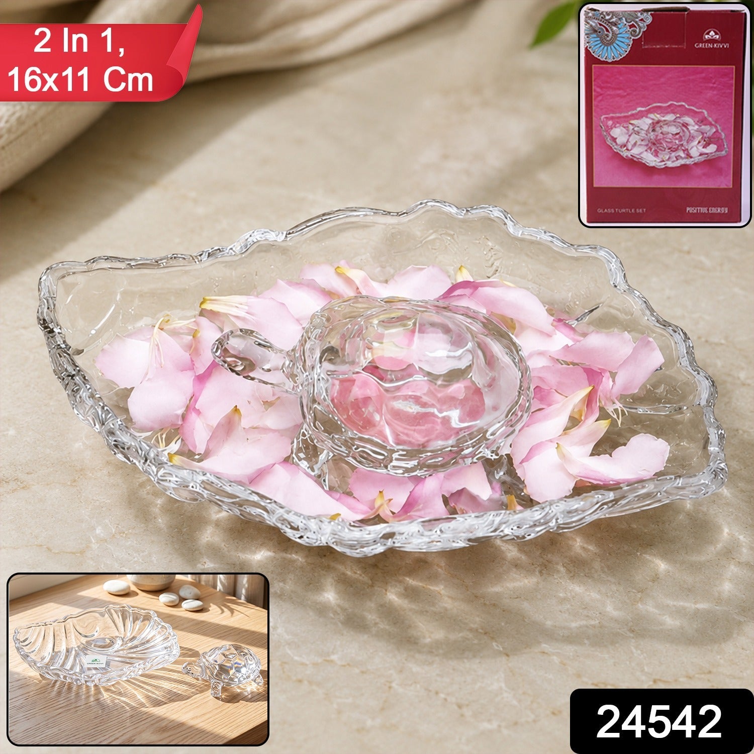 Glass tortoise and plate set for Vastu, Feng Shui and good luck
