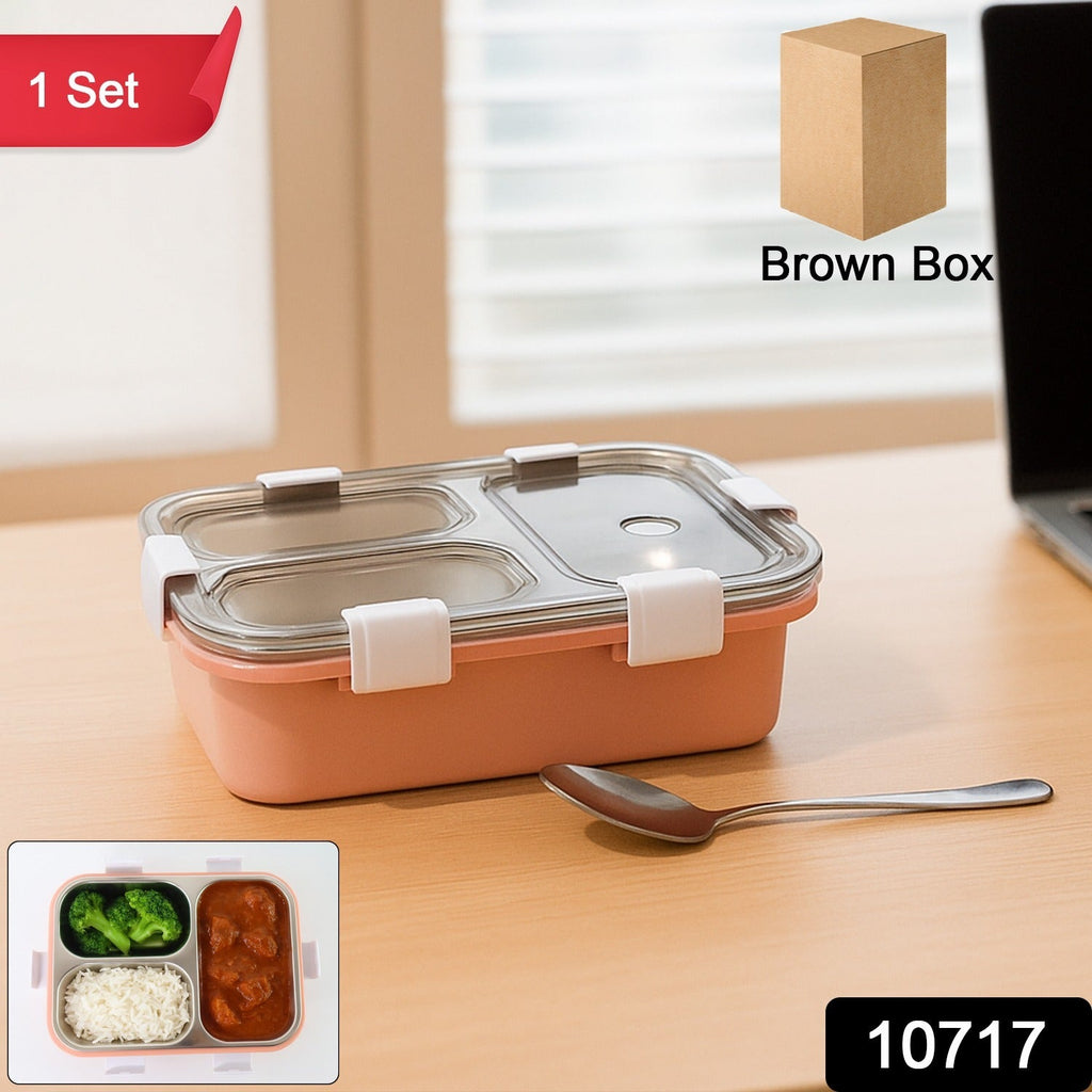 Leak-proof stainless steel lunch box with 3 compartments open, showing food separation.