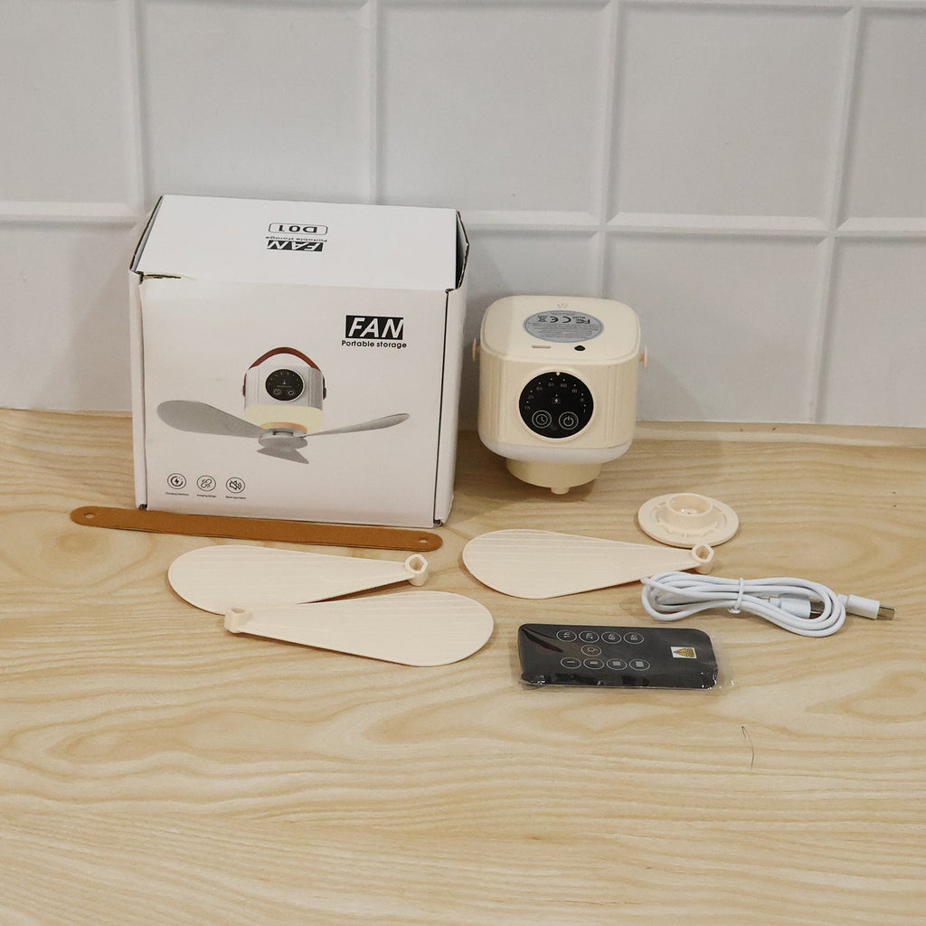 Compact camping fan with light and hanging hook for travel