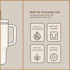 Angled view of insulated travel mug with spill-proof lid and handle