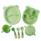 Complete kids mealtime essentials set in bright yellow color with cartoon prints