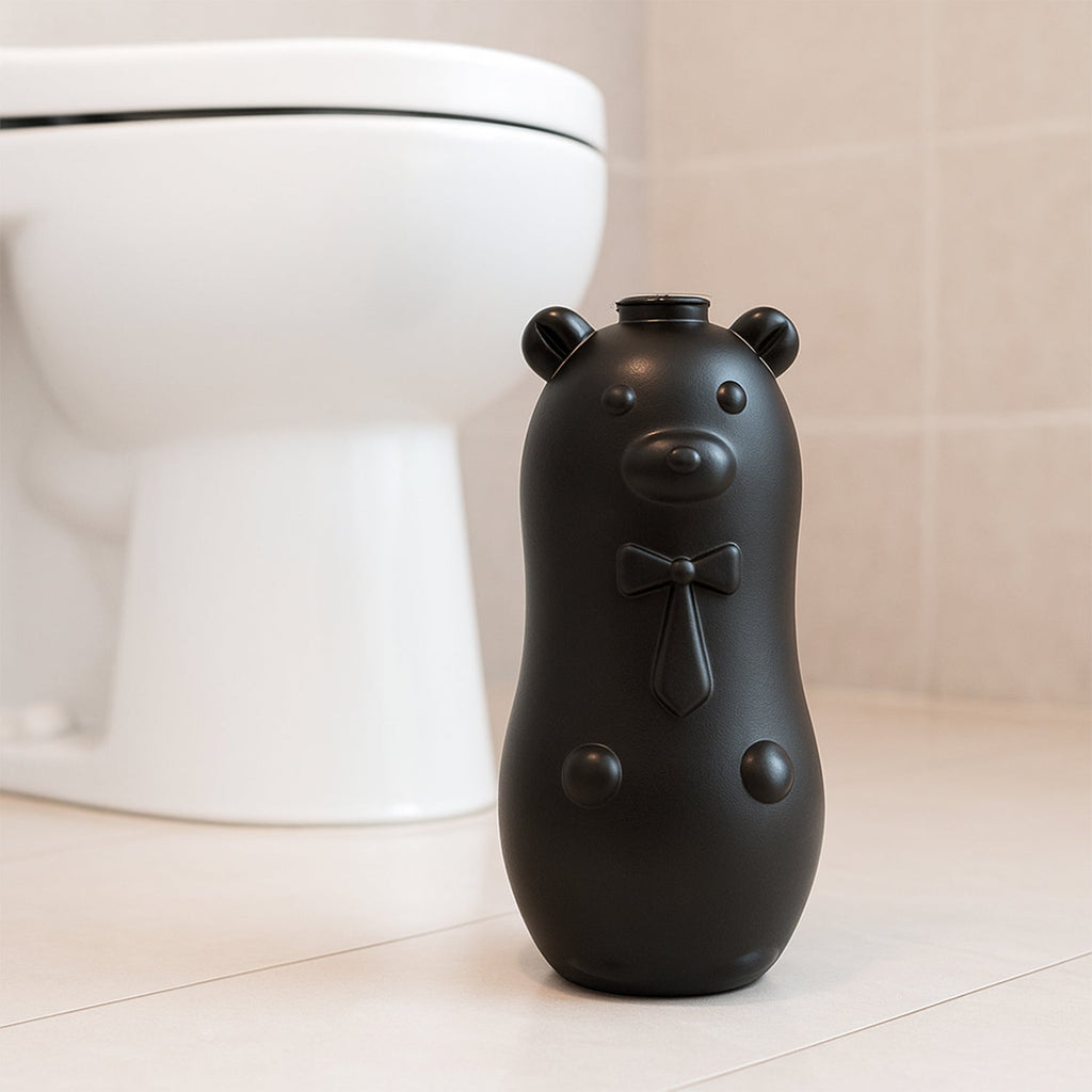 Decorative bear shaped toilet tank cleaner with neck tie detail