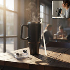 Black insulated travel coffee mug with handle and lid