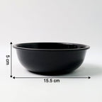 Black plastic serving bowl with dimension markings graphic
