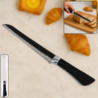 Premium serrated bread knife cutting fresh bread with ergonomic handle