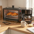 Side angle of the compact 3 in 1 breakfast maker in black