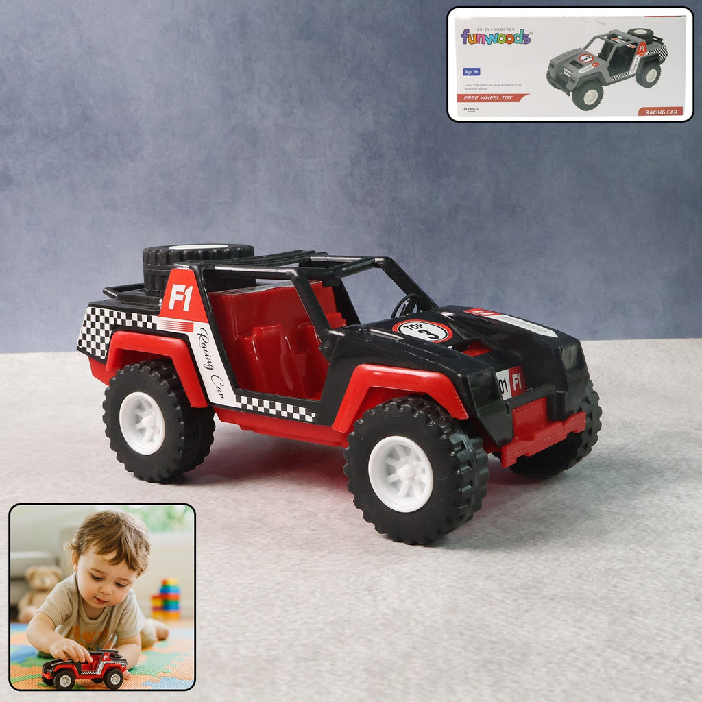Funwoods free-wheel racing jeep toy car with wide tyres for stable push and go play
