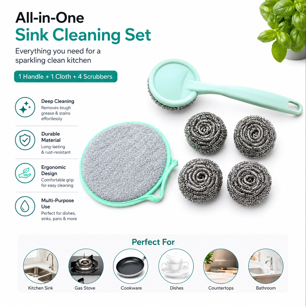 Kitchen Cleaning Set – 6-in-1 Stainless Steel Scrubber