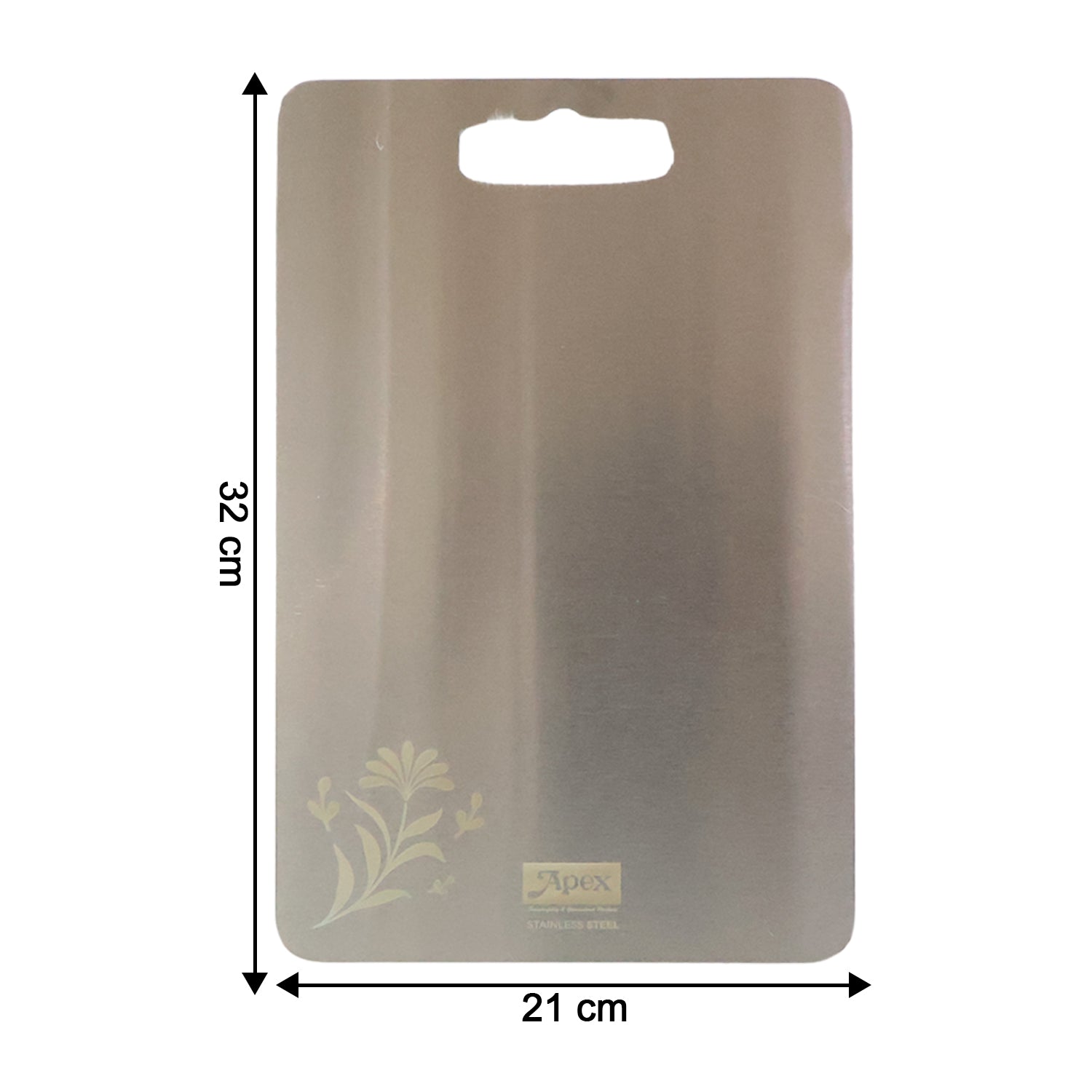 Rectangular stainless steel cutting board with rounded edges and handle cutout