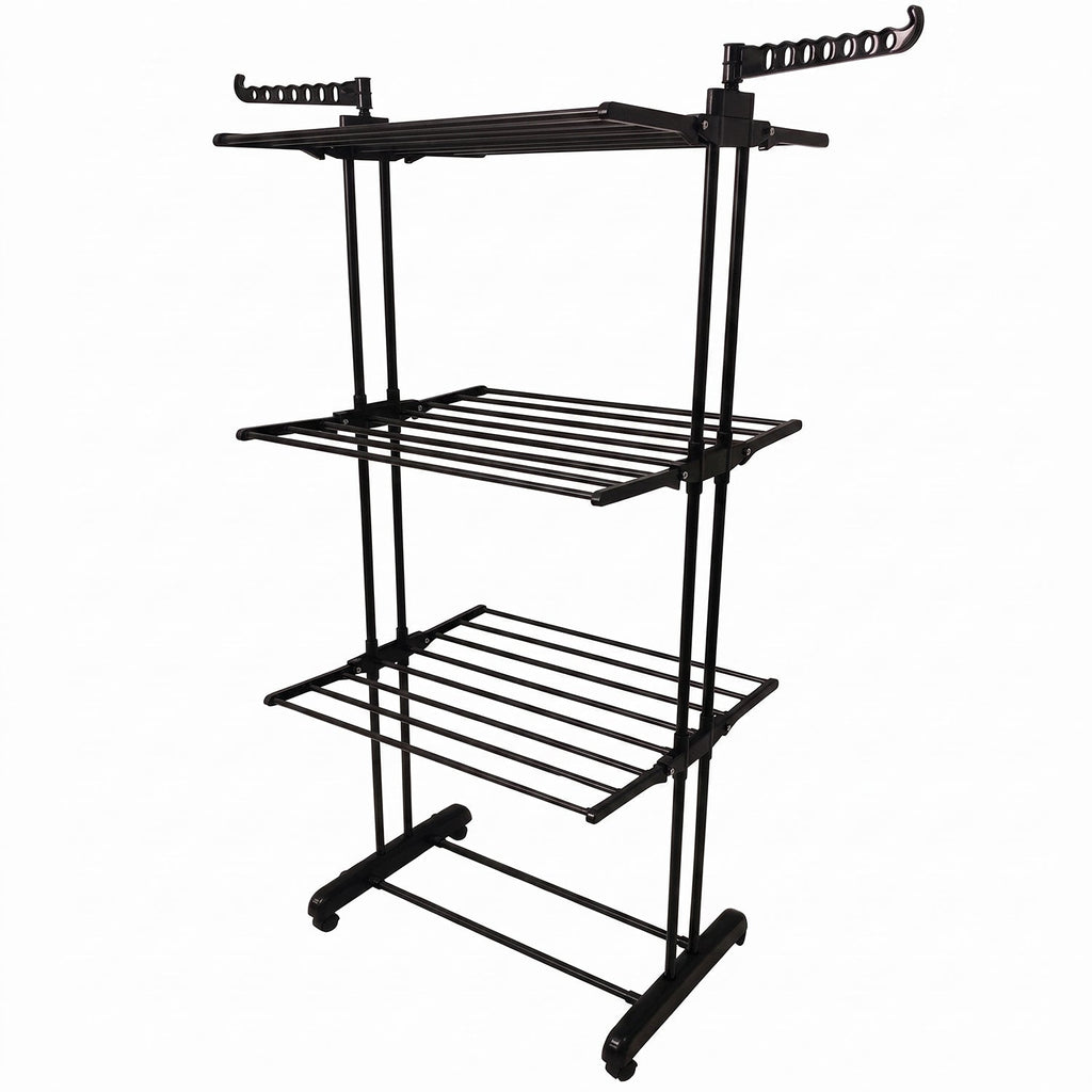 Durable metal drying stand suitable for balcony and outdoor use.