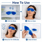 Blue cooling gel eye mask demonstrating use for puffy eyes relief