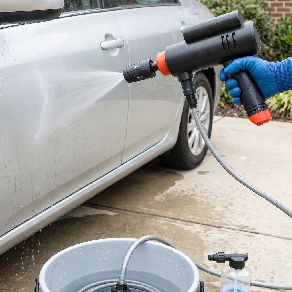Man using a portable cordless car washer to clean a vehicle.