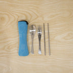 Portable steel utensil set with pouch for lunch and camping