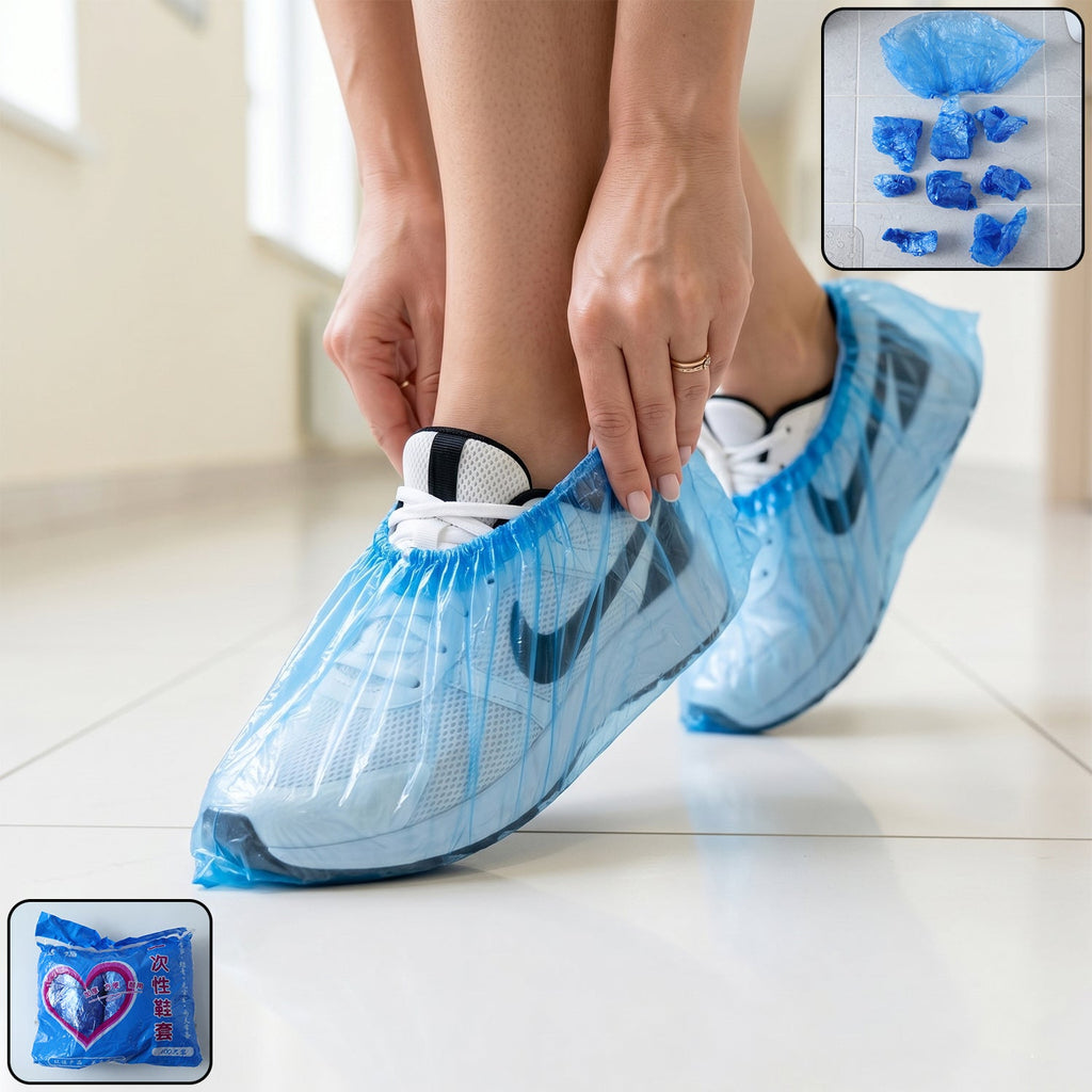 Disposable plastic shoe covers with elastic fit in use