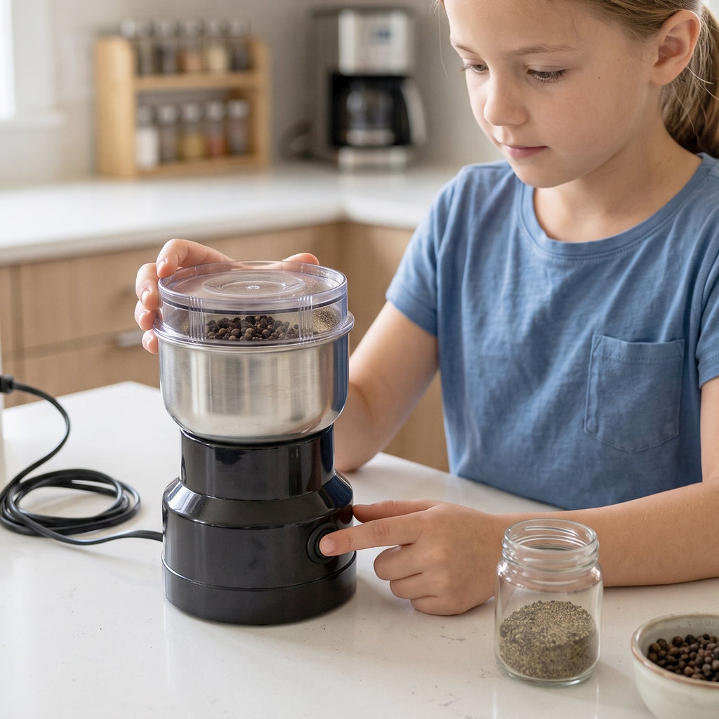 Portable electric grinder for dry spices and coffee beans