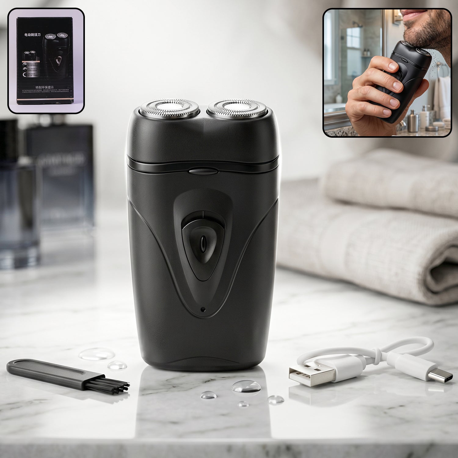 Close-up of portable electric shaver with dual rotary heads for men