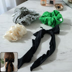 Soft fabric hair scrunchie with stylish bow tie design in assorted colors