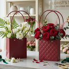 Foldable flower packaging bag with handle in maroon color