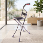 Cane with seat, backrest and four leg stand for extra support