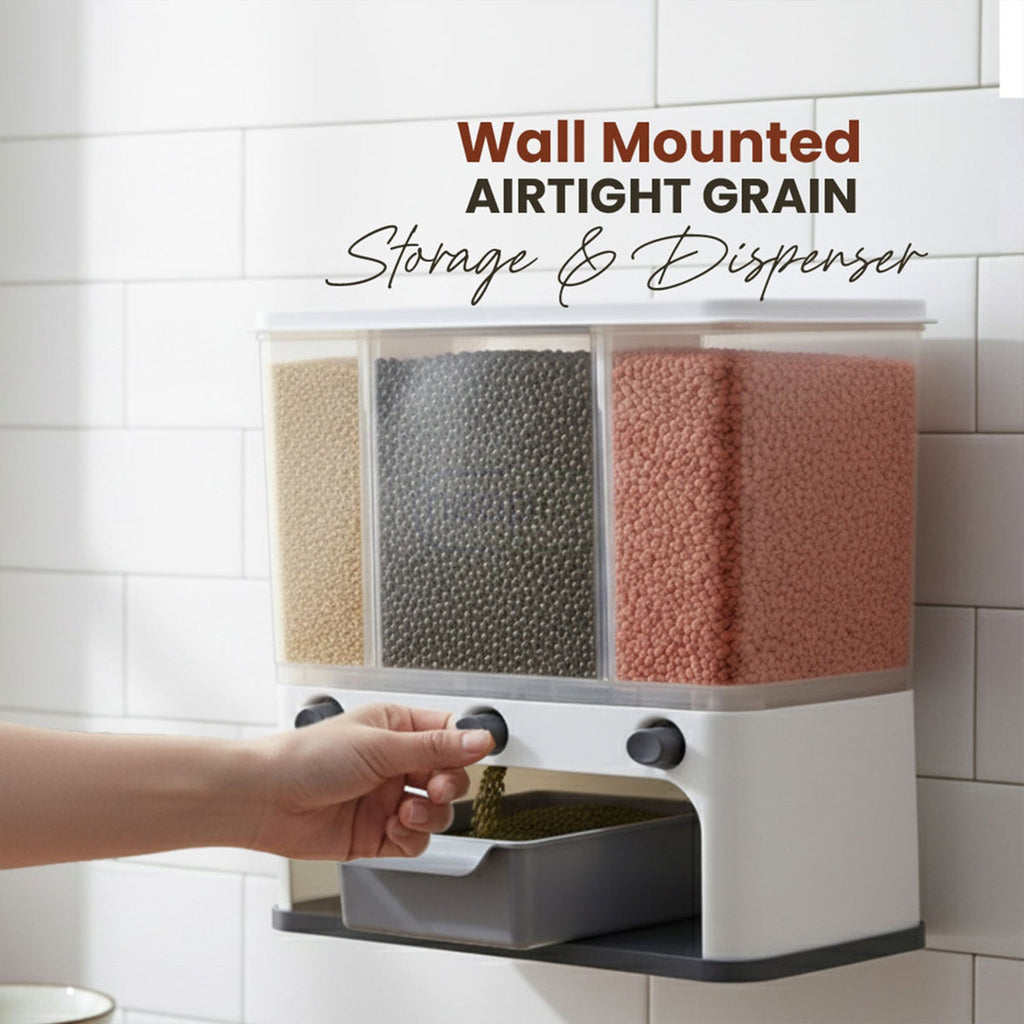 Side view of the transparent wall-mounted cereal dispenser in a kitchen setting.