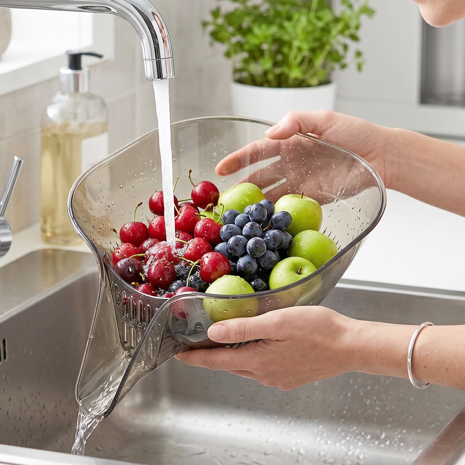 Ergonomic design of the fruit vegetable strainer showing efficient draining.