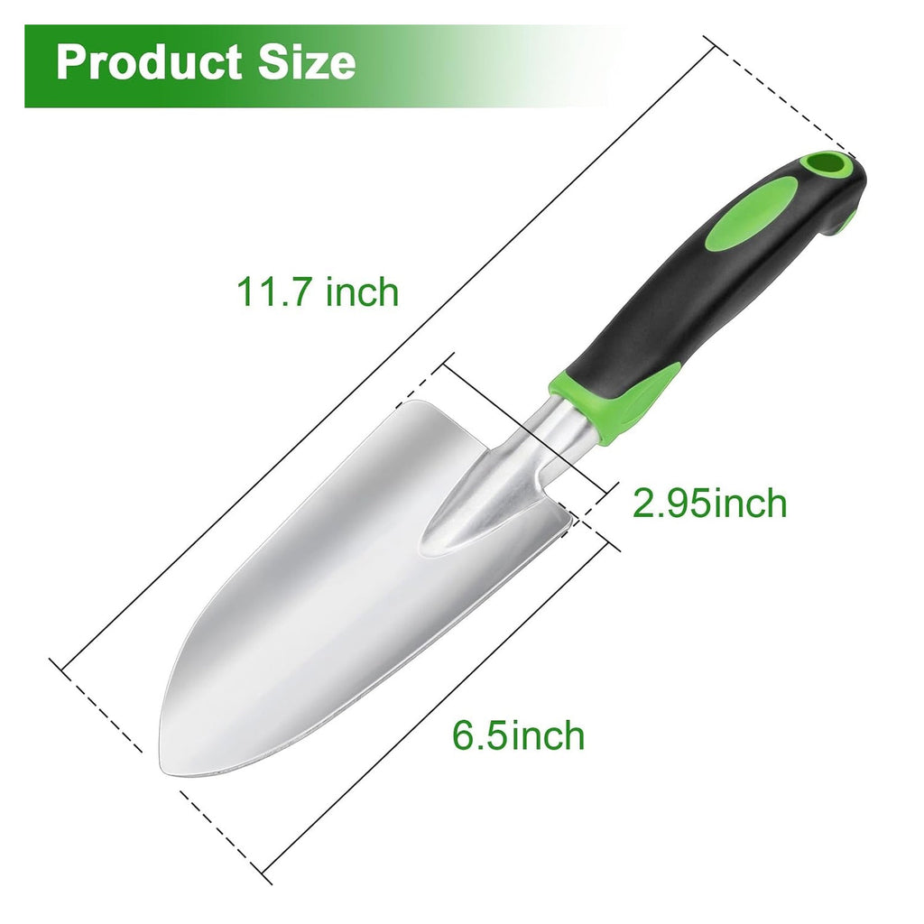 Green and black handle garden trowel with polished steel blade