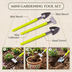 Detailed view of the ergonomic handles and steel heads of the gardening hand tools.