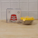 Full view of set of 3 durable, transparent glass bowls with lids.