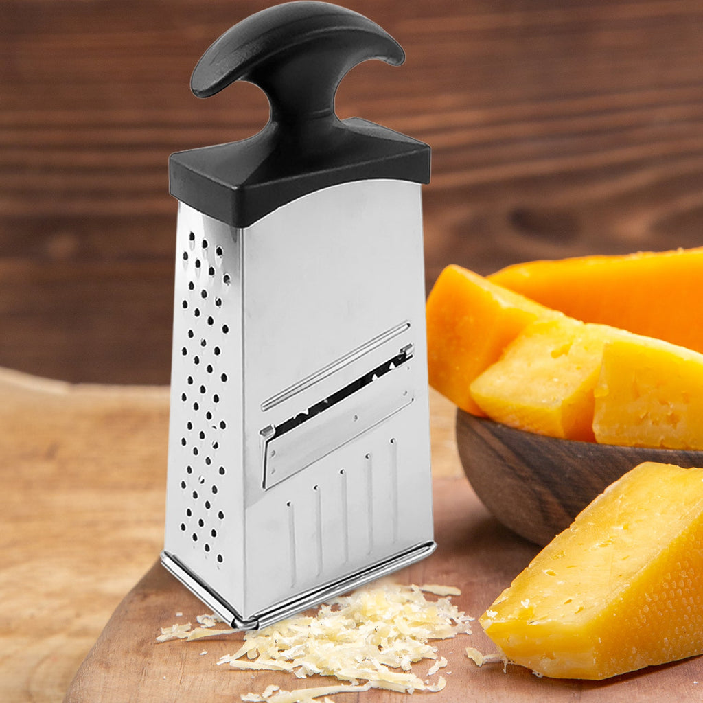 All-in-one stainless steel grater and slicer tool featuring easy grip handle