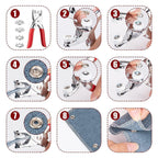 Full kit view of snap button plier set with pliers and assorted studs