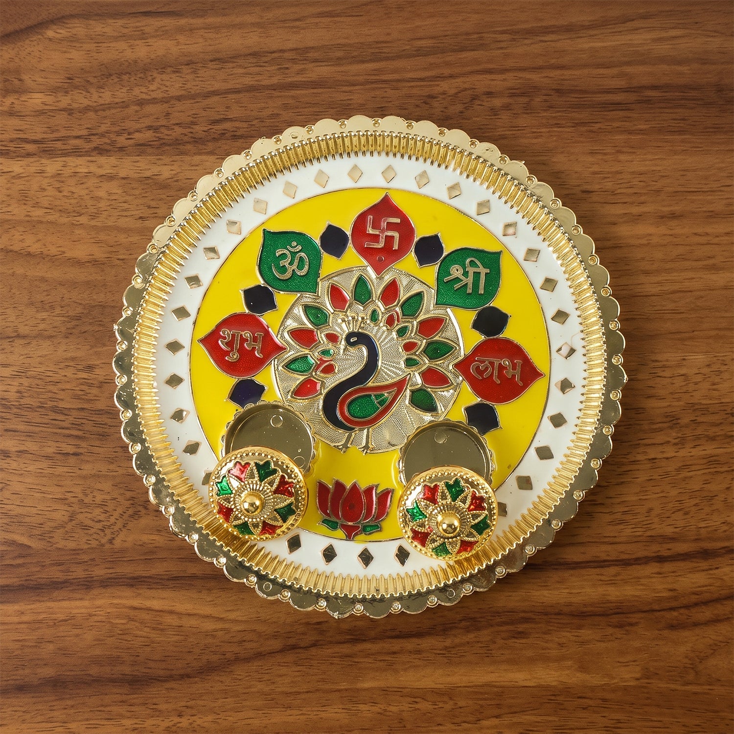 Ornate golden pooja thali for Diwali, weddings and ceremonies