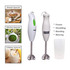 Side view of compact electric hand blender with stainless steel blade attachment