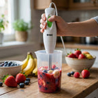 Hand holding Orbit electric hand blender for smoothies and soups