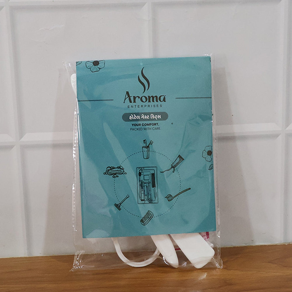 Complete hotel guest toiletry kit displayed with all items