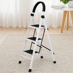 Space saving foldable step ladder for reaching high shelves